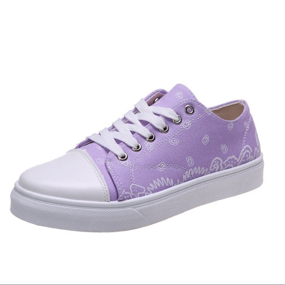 Purple Paisley Flower Print Canvas Sneakers - Casual Lace Up Flats Size 42